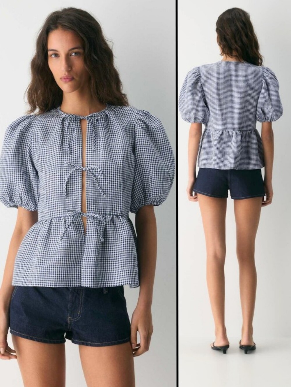 NEW Wilfred Aritzia Violette Blue/White Gingham Linen Tie-Front Blouse Size M